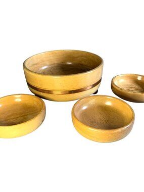 Vintage Wooden Salad Bowl Set 4pc Mid Century Modern Copper Trim Footed Retro